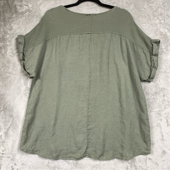 Lungo L'arno Italy Linen Boxy Mixed Media Lagenlook Blouse Sz 1X Green - Picture 4 of 7